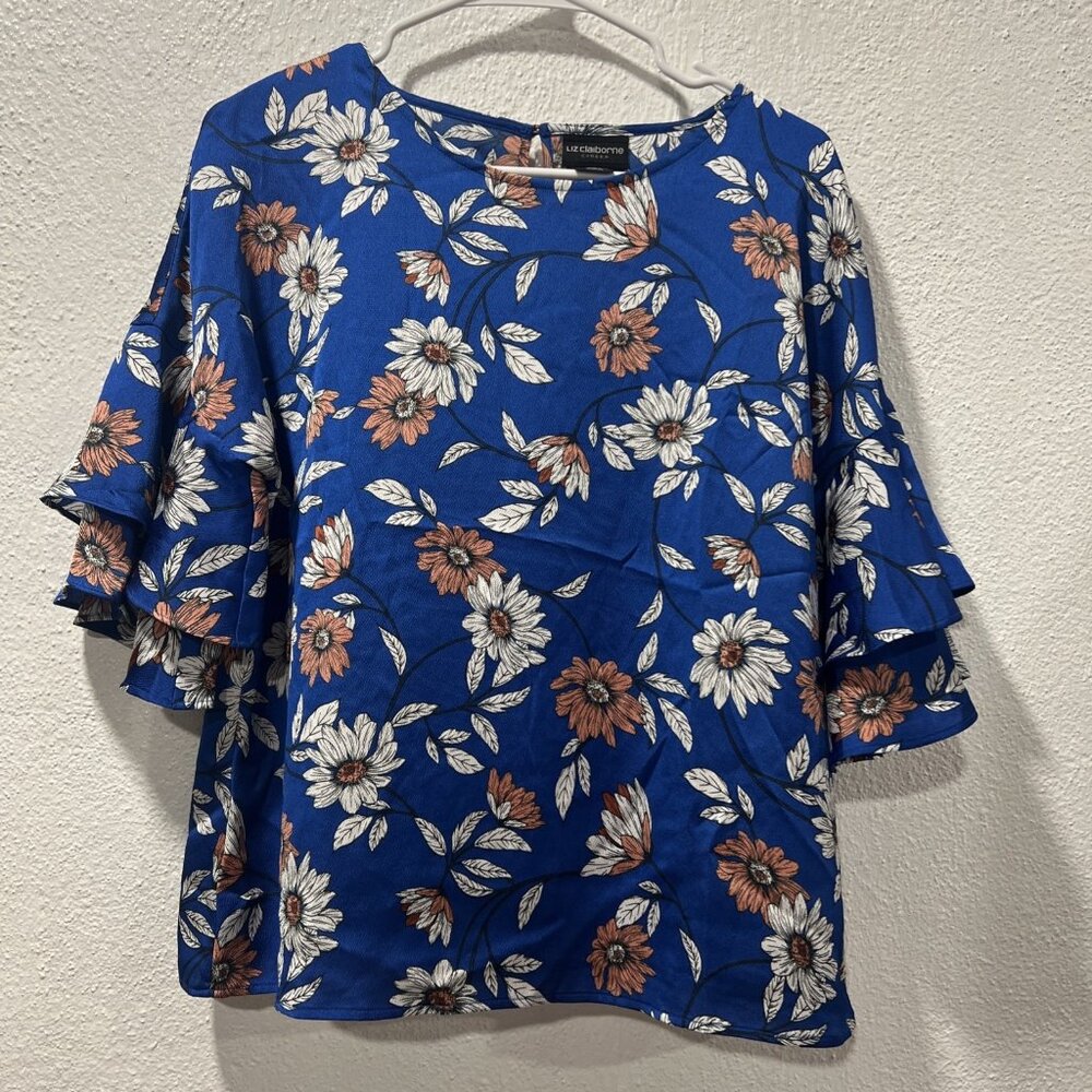 Liz Claiborne Career Women Floral Short Flared Sleeve Blouse Blue‎ Size S